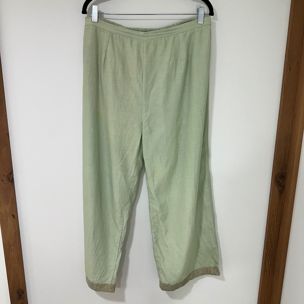 Wide Leg Pants Womens L Sage Green Gold Brocade‎ Trim Boho Chic